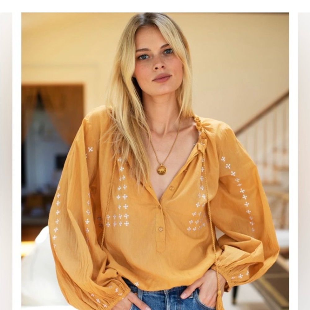 Emerson Fry Mustard Blouse with White Embroidery